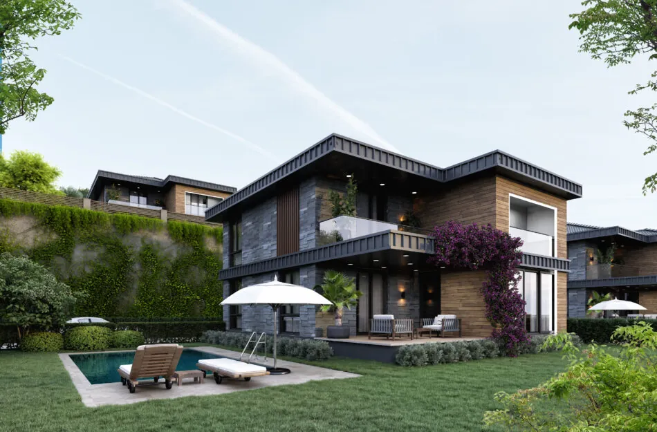 Yalova satılık villa örneği: havuzlu, bahçeli, taş ve ahşap cepheli modern villa